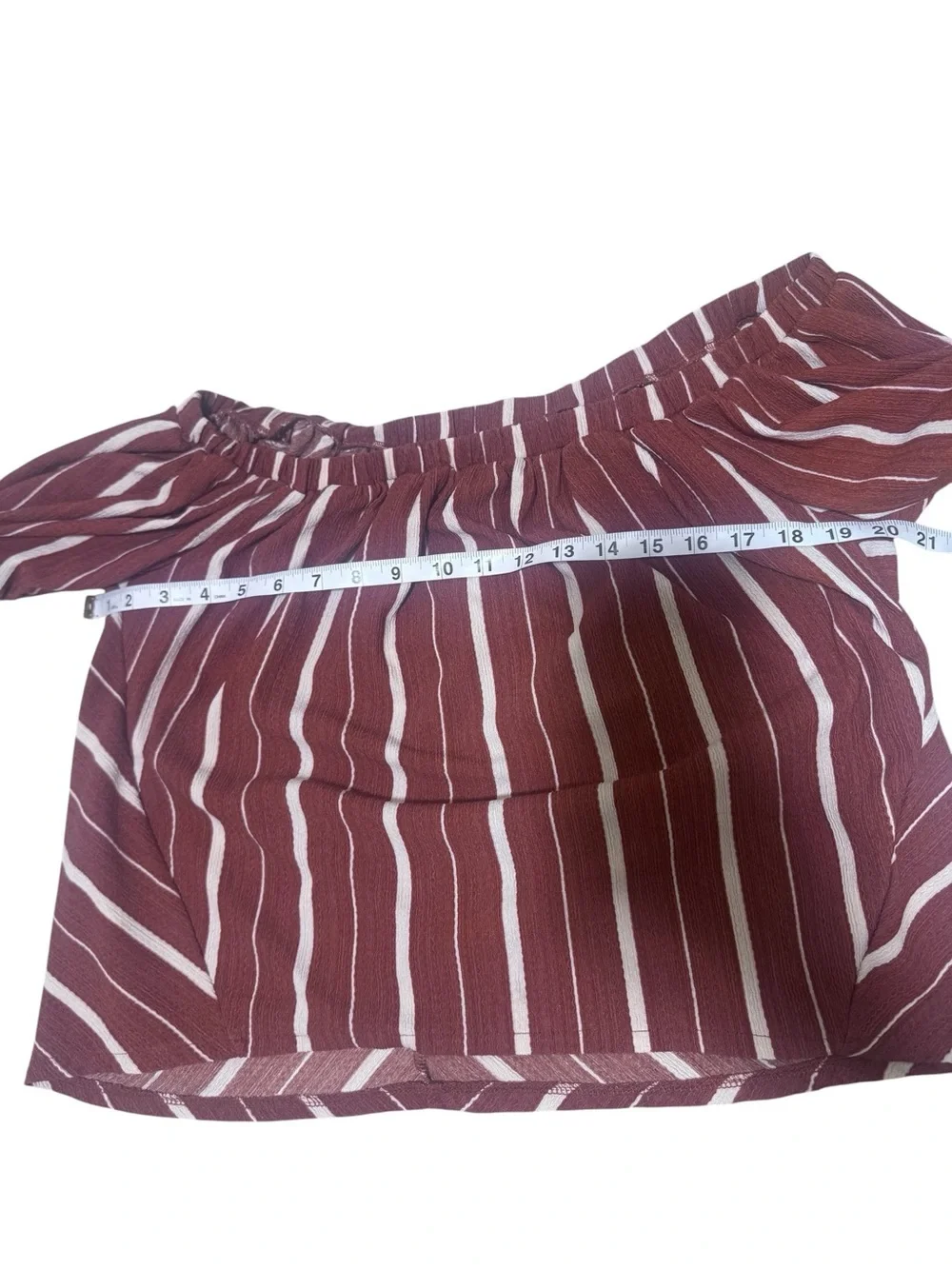Anthropologie Burgundy and White Striped Off-Shoulder Puff Sleeve Top